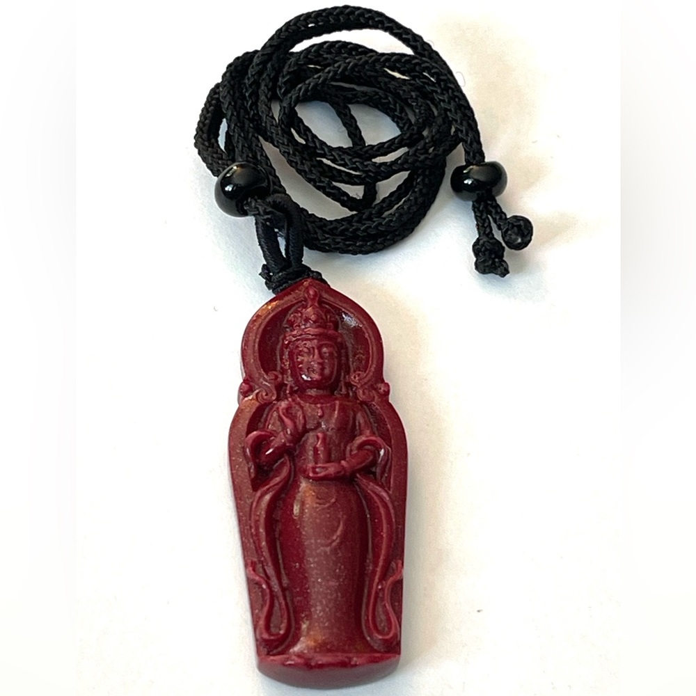Cinnabar Guan Yin Pendant With Cord Necklace Healing Stone